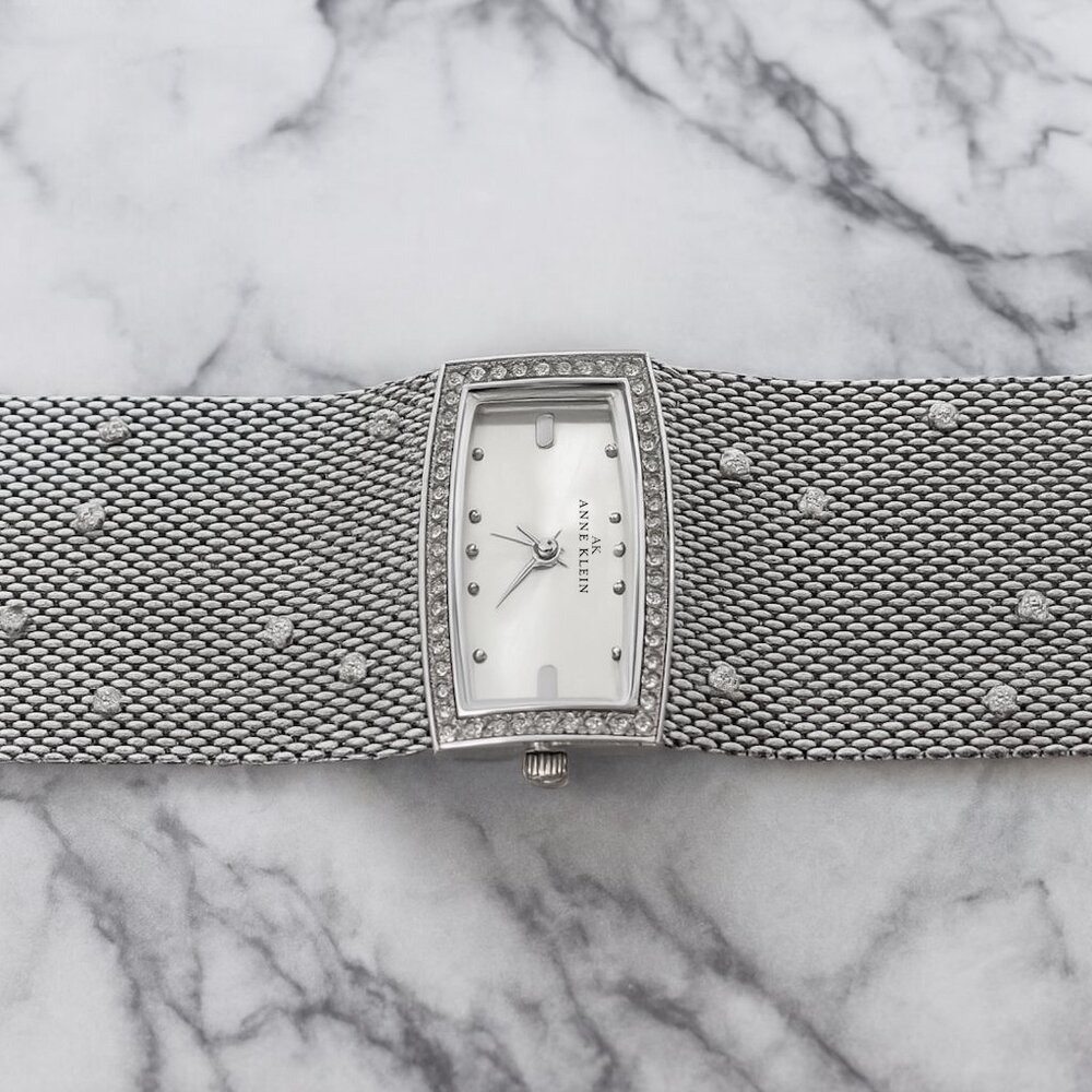 Anne Klein Silver CZ Diamond Cuff Watch Bracelet